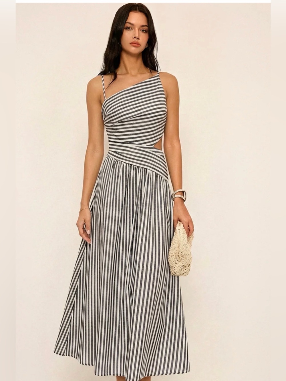 Striped One-Shoulder Cutout Maxi Dress in Black and White